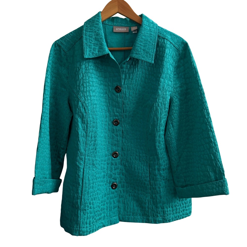 Chico's Women Textured Jacket 2 Teal Button Office Polish Bright Coastal Travel